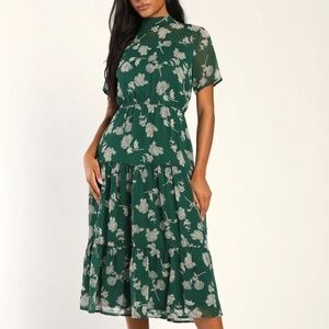 Floral Dressed Up Emerald Green Floral Print Midi Dress